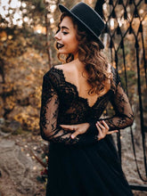 Black Wedding Dresses A-Line Designed Neckline Long Sleeves Natural Waistline Tulle Lace Sweep Bridal Gown